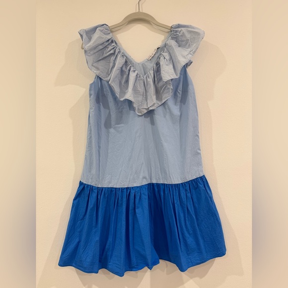 English Factory Women Blue Colorblock Ruffle Hem Sleeveless Mini Dress Size S - Picture 7 of 9